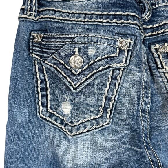 Miss Me SZ 26 Mid-Rise Boot Jeans Distressed Whiskered Stretch Zip-Fly Pockets - Picture 9 of 12
